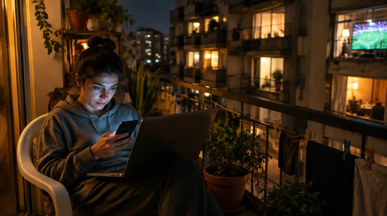 Illustrative evening matchday scene on a balcony
