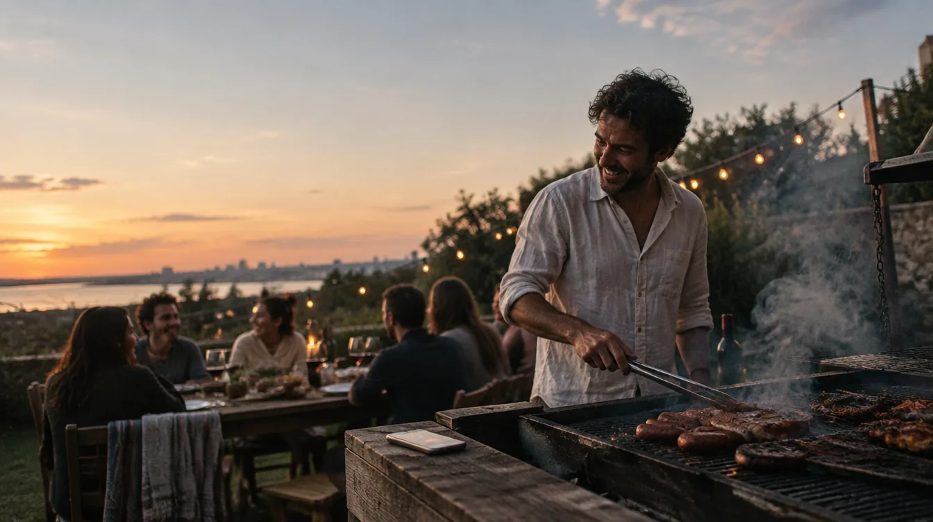 A man at a barbecue at dusk with friends at a table behind him, his phone face-up on the wood beside the grill