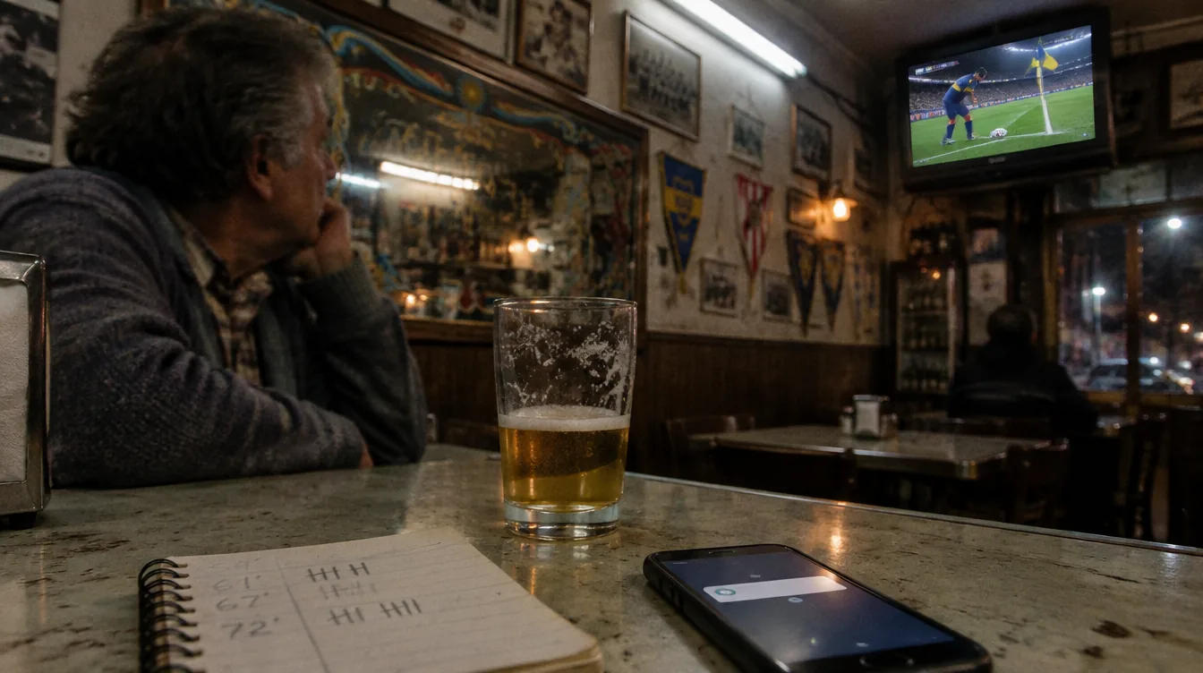 An older man at a neighbourhood bar counter watching a corner kick on the TV, a notebook of corner tallies and a phone beside his glass